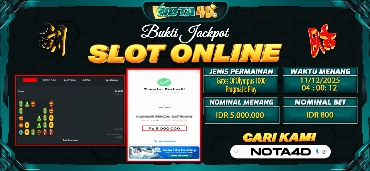 Bukti Kemenangan Besar Dibayar lunas Member NOTA4D RP 5.000.000, 11 Desember 2025