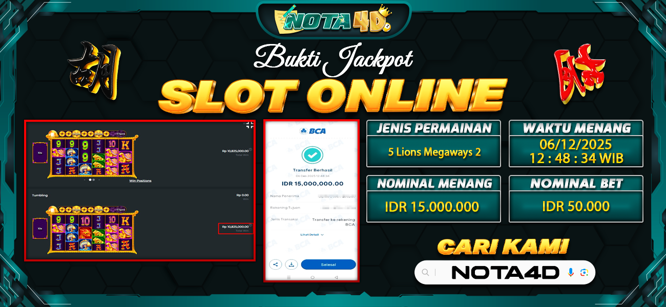 Bukti Kemenangan Besar Dibayar lunas Member NOTA4D RP 15.000.000, 6 Desember 2025