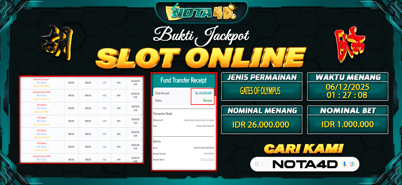 Bukti Kemenangan Besar Dibayar lunas Member NOTA4D RP 26.000.000, 6 Desember 2025