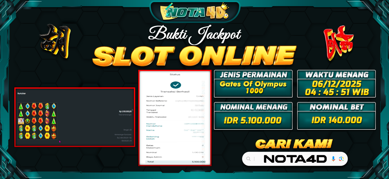 Bukti Kemenangan Besar Dibayar lunas Member NOTA4D RP 5.100.000, 6 Desember 2025