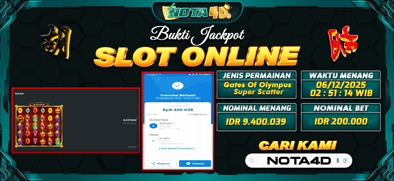 Bukti Kemenangan Besar Dibayar lunas Member NOTA4D RP 9.400.039, 6 Desember 2025