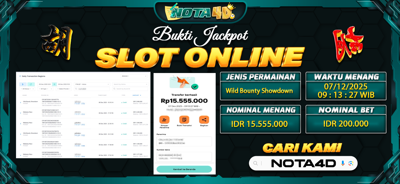 Bukti Kemenangan Besar Dibayar lunas Member NOTA4D RP 15.555.000, 7 Desember 2025