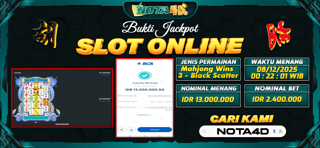 Bukti Kemenangan Besar Dibayar lunas Member NOTA4D RP 13.000.000, 8 Desember 2025