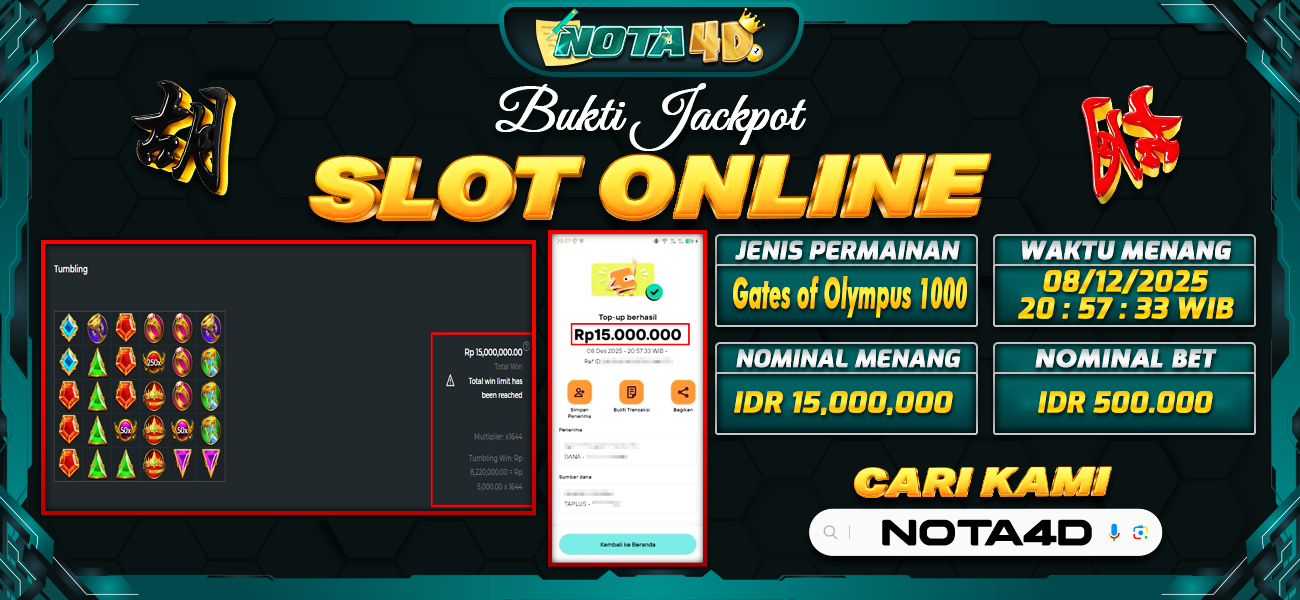 Bukti Kemenangan Besar Dibayar lunas Member NOTA4D RP 15.000.000, 8 Desember 2025