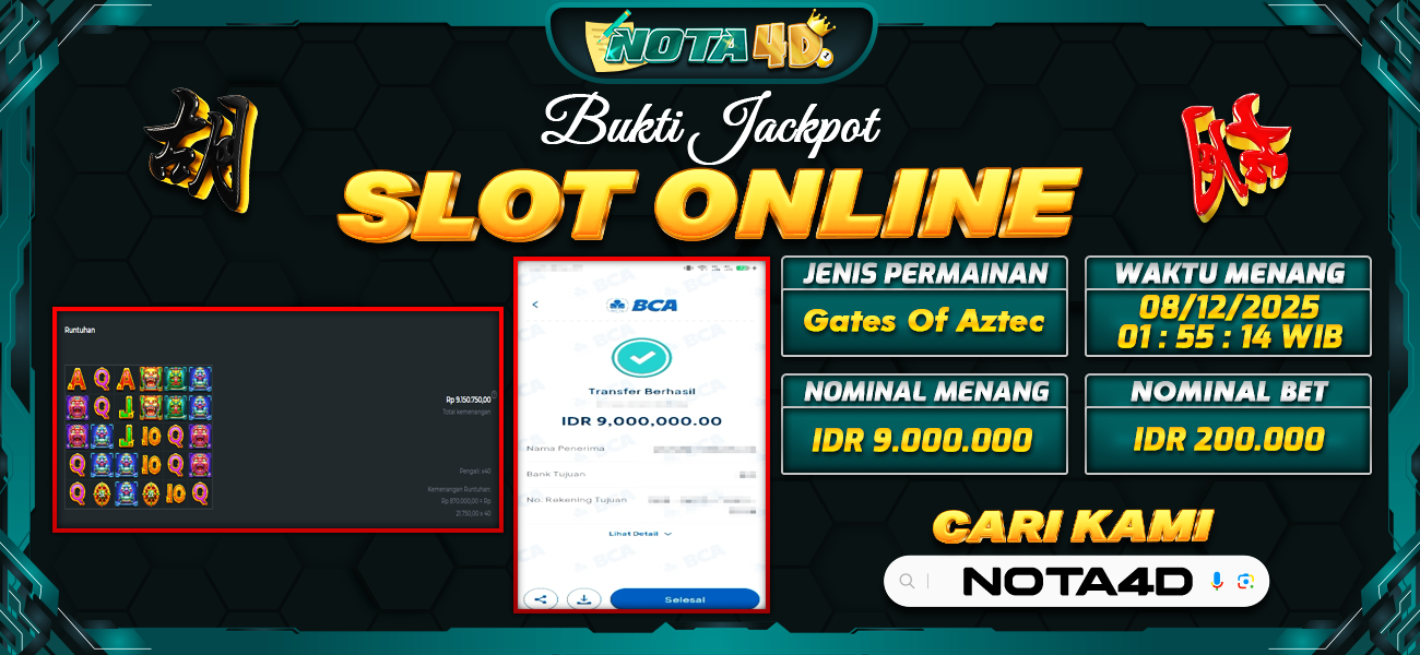 Bukti Kemenangan Besar Dibayar lunas Member NOTA4D RP 9.000.000, 8 Desember 2025