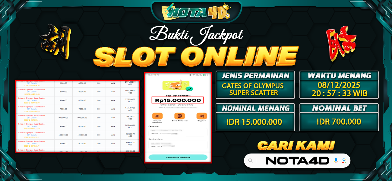 Bukti Kemenangan Besar Dibayar lunas Member NOTA4D RP 15.000.000, 9 Desember 2025