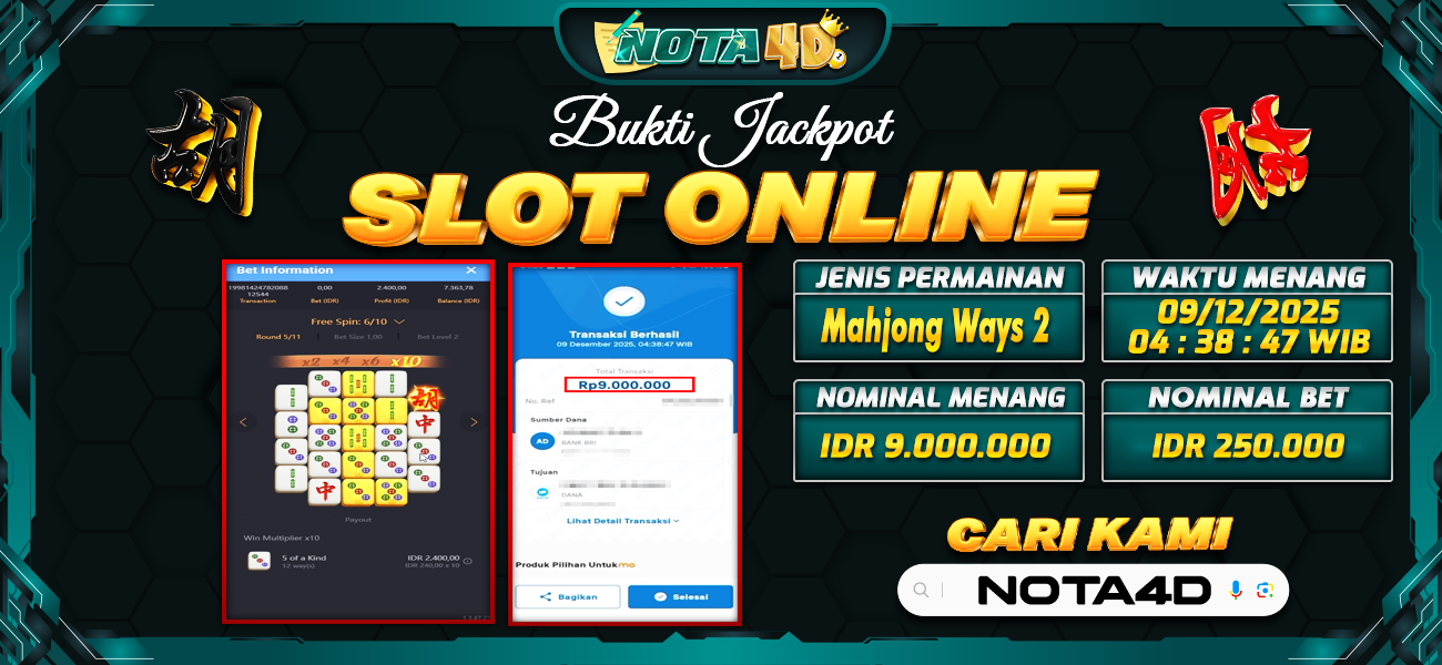 Bukti Kemenangan Besar Dibayar lunas Member NOTA4D RP 9.000.000, 9 Desember 2025